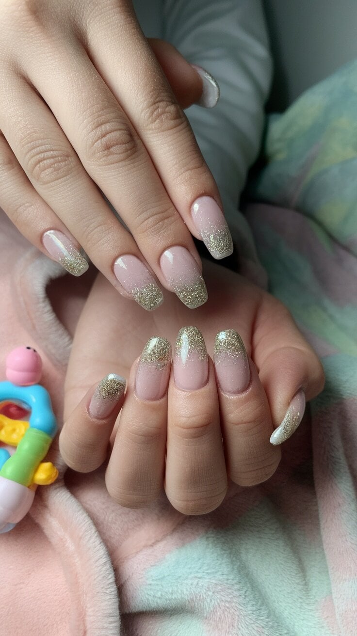 Nails with a sparkling glitter ombre effect, featuring a pink base and glittery tips.