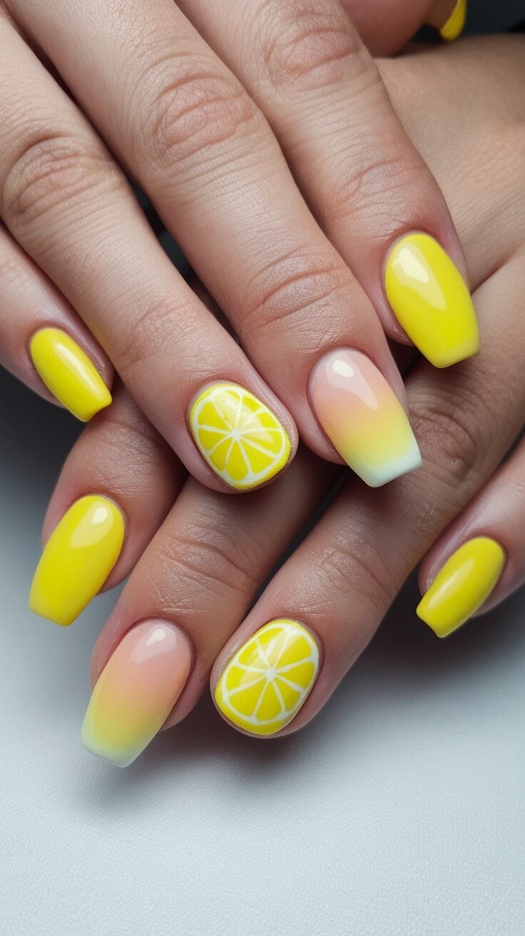 Nail design featuring yellow ombre nails with lemon slice accents