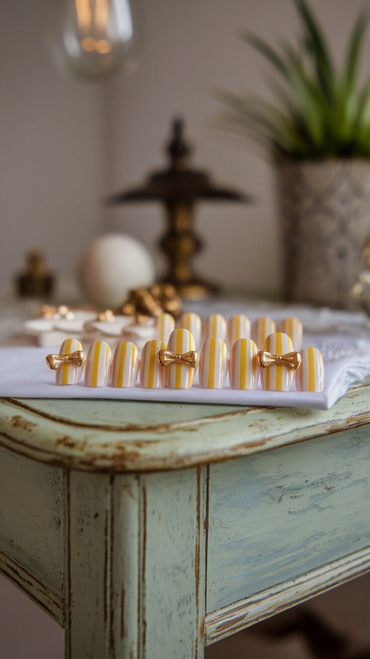 Nail set featuring vintage yellow striped nails with gold accents on a decorative table.