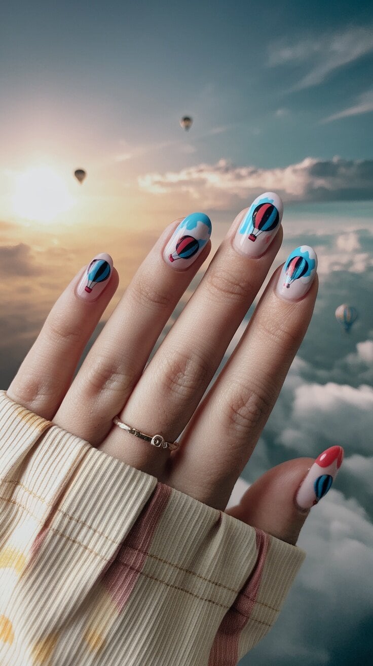 Nails painted with whimsical hot air balloon designs in vibrant colors.