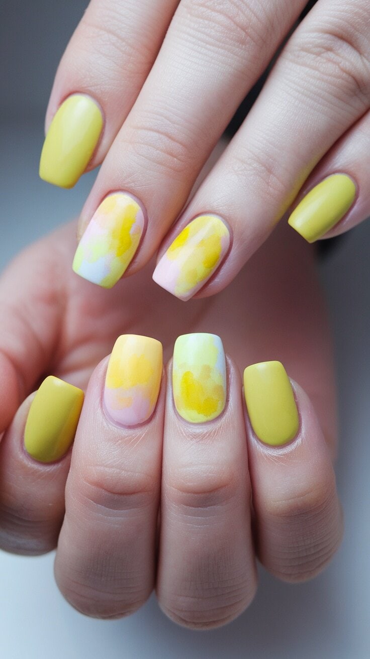 A set of nails with a watercolor design featuring yellow and pastel colors.