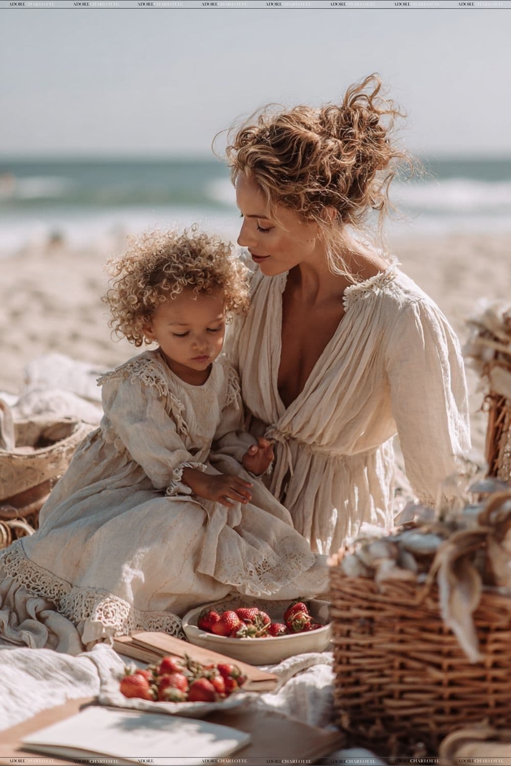 Mother and child at a picnic beach together.