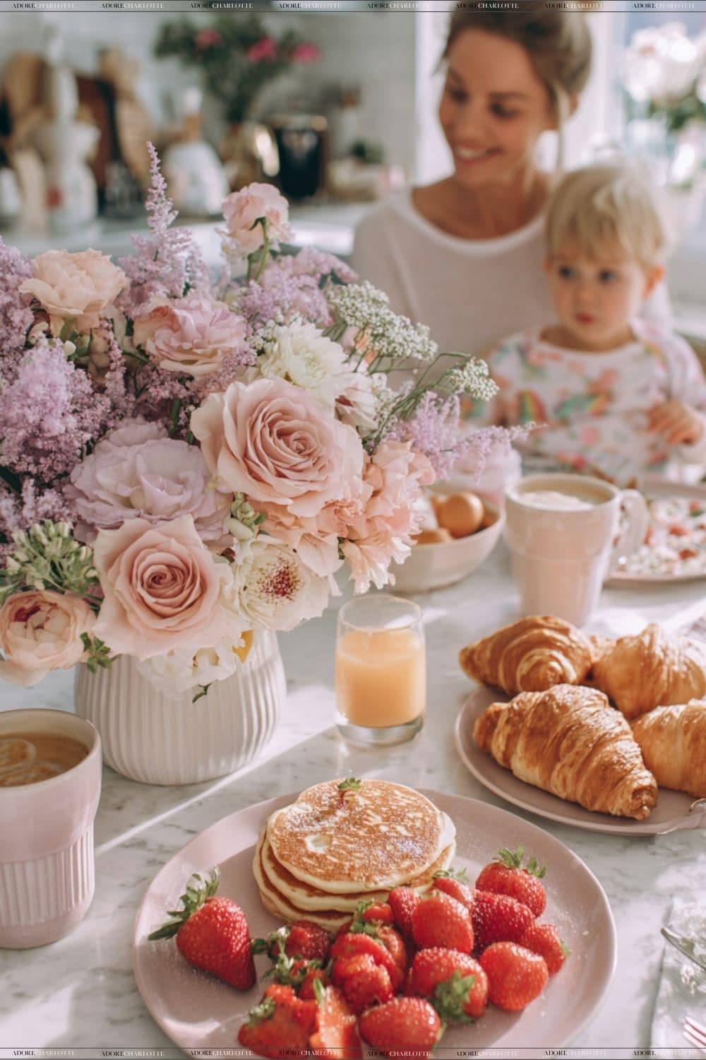 Mother and child having breakfast.