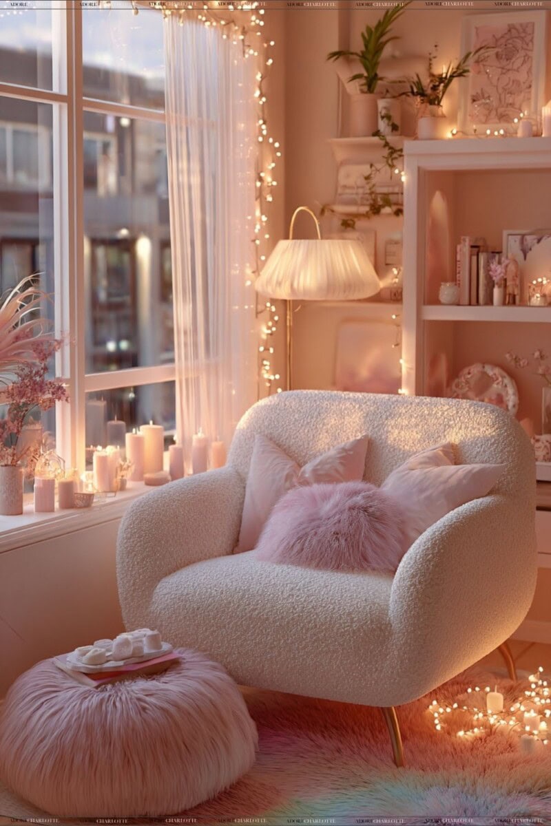 A living room sprinkled with fairy lights.
