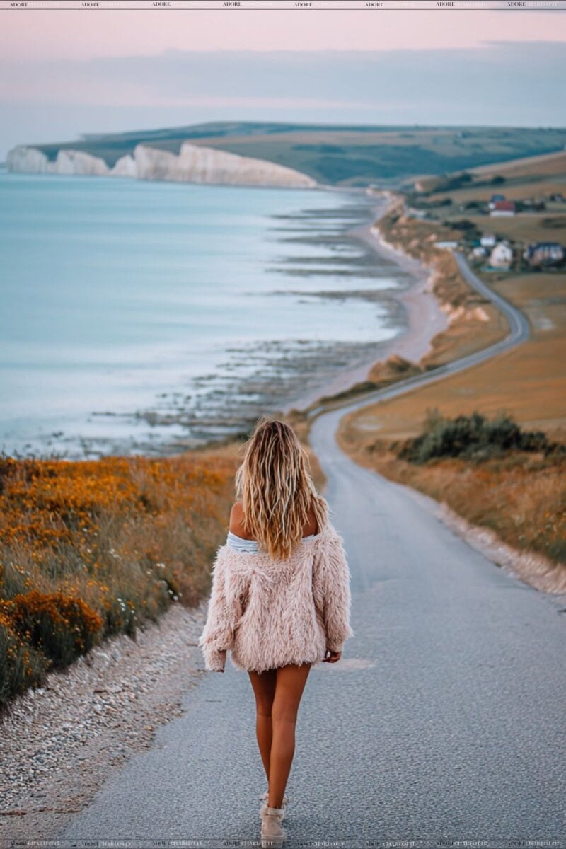 Woman walking along the seaside coast.