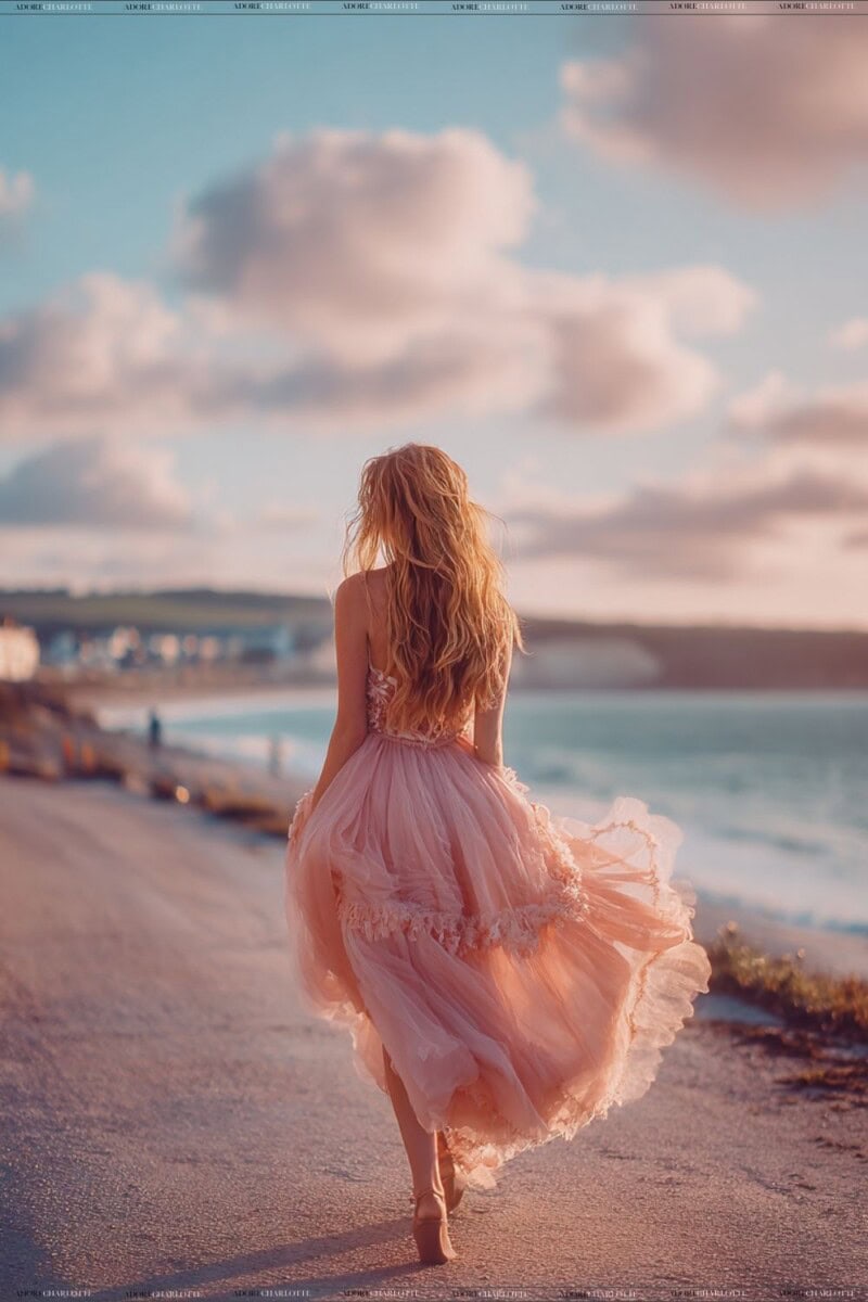Woman in pink dress walking along the sea side coast at sunset.