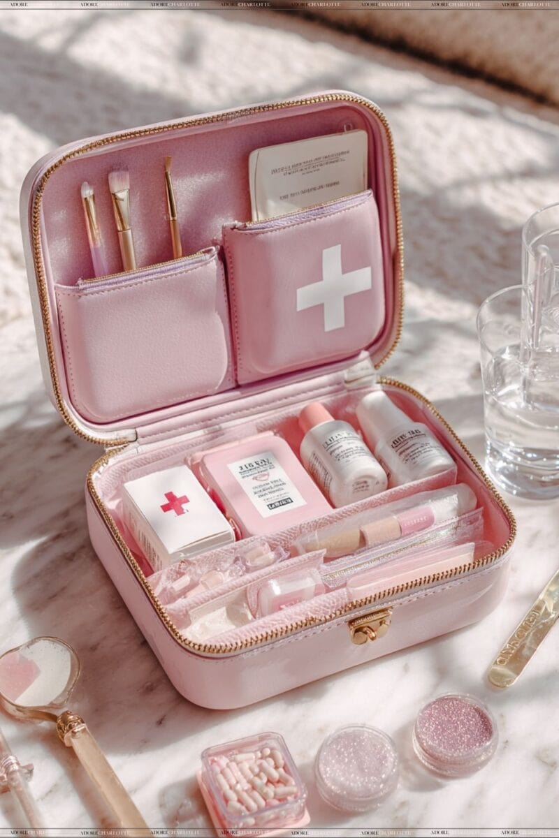 Cute pink home first aid supplies kit.