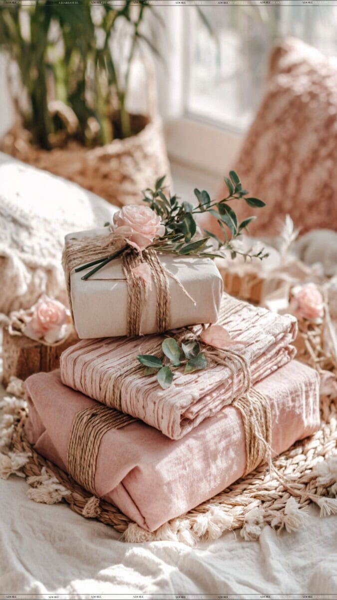 Christmas presents wrapped in linen and twine.