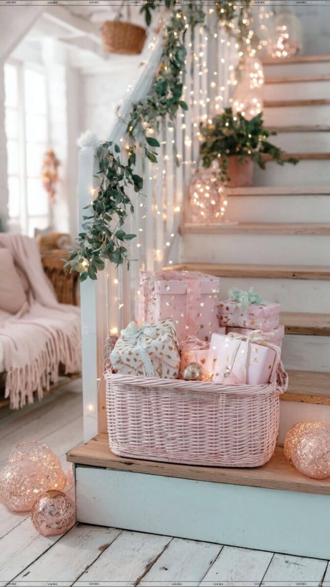 organised Christmas and New Year with storage baskets with presents on the stairs.