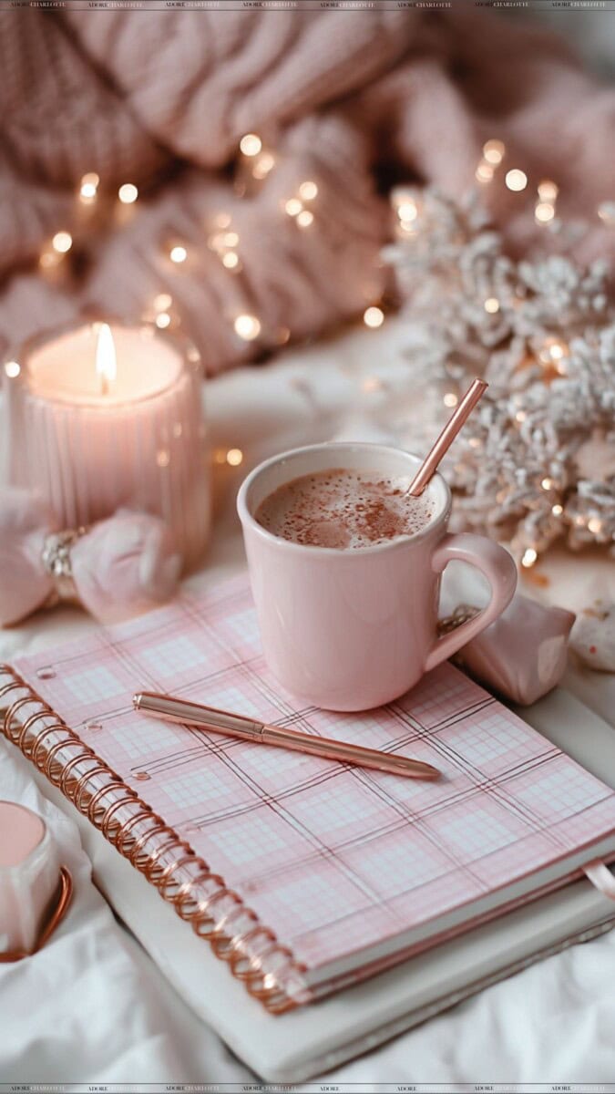 Notepad, pen, hot chocolate and a candle, ready to have an organised Christmas and New Year.