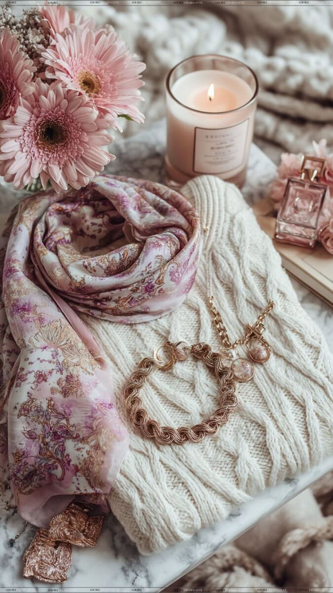 fall staples silk scarf and knit jumper.