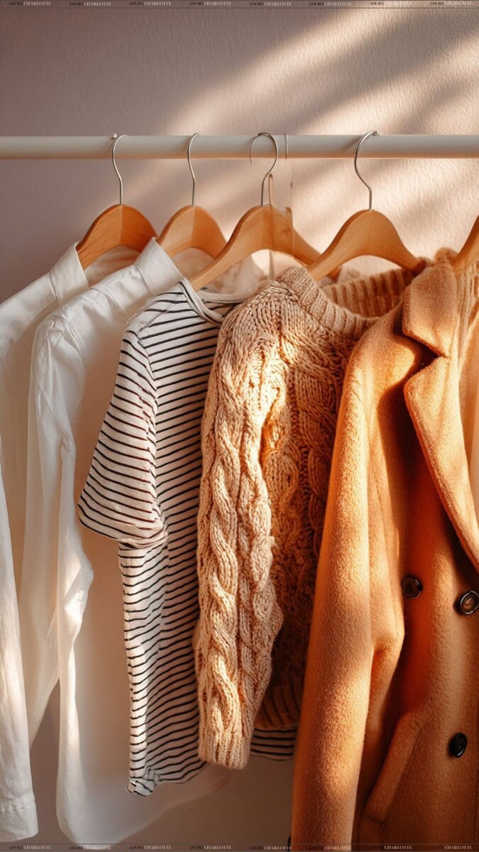 Wardrobe fall staples like coat, jumper, shirt, stripes.