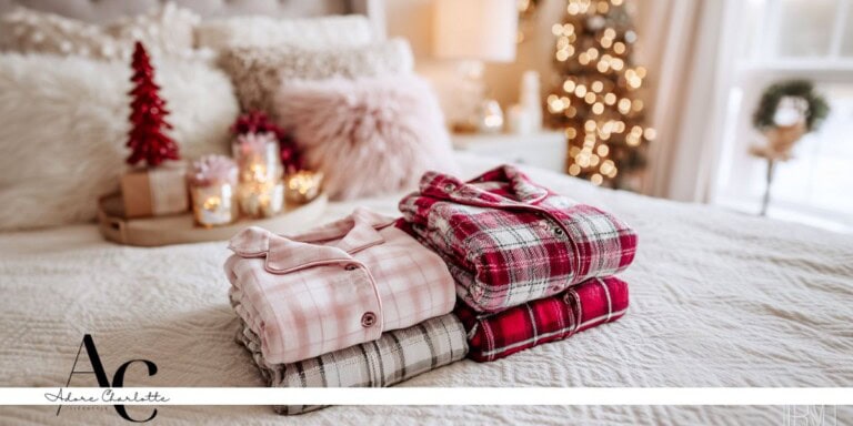 4 sets of Matching Family Xmas Pajamas on a bed folded in different colours