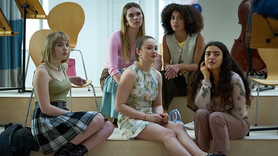 BBC Wild Cherry Iris Milanovic (Catriona Chandler), Allegra Lonsdale (Amelia May), Jocasta (Isabelle Allen), Grace Gibbons (Imogen Faires) and Noori Abas (Tara Webb)